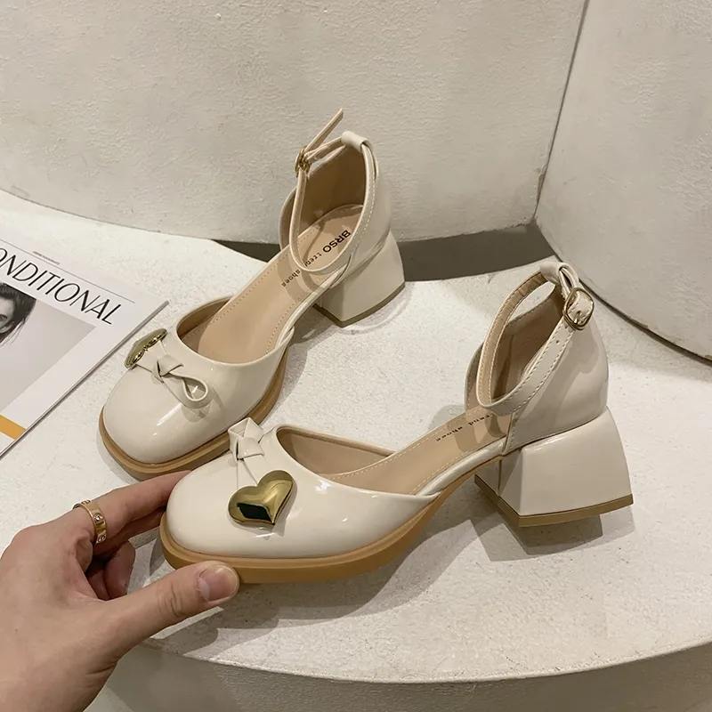 Giày Cao Gót Mũi Tròn Đế Dày Phong Cách Retro Pháp Thời Trang Cho Nữ
