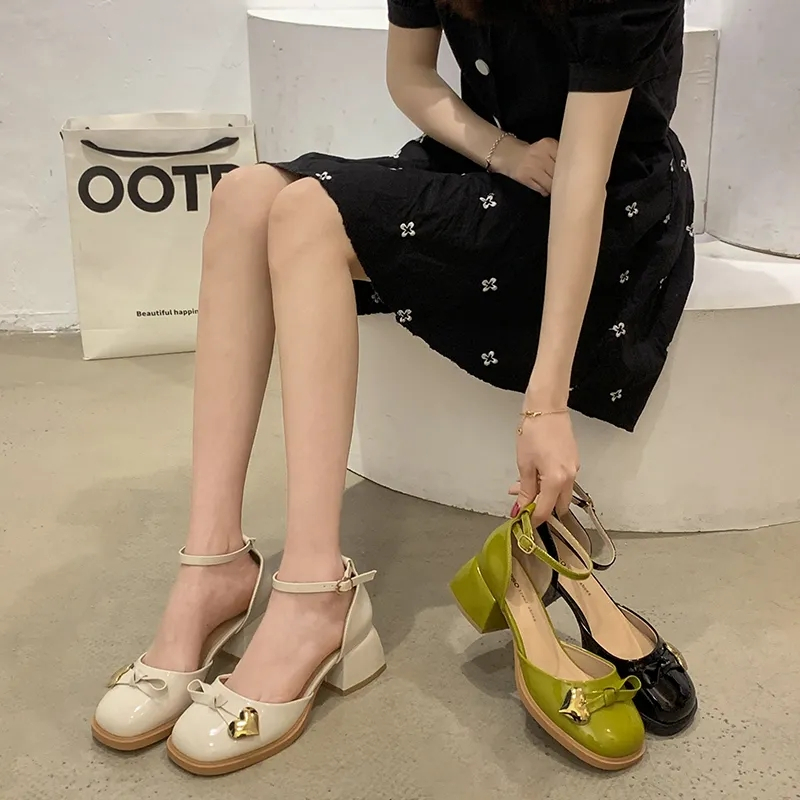Giày Cao Gót Mũi Tròn Đế Dày Phong Cách Retro Pháp Thời Trang Cho Nữ
