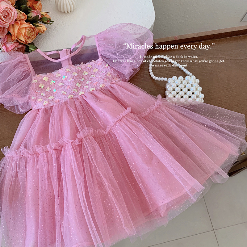 Đầm Công Chúa Pettiskirt Phối Lưới Màu Hồng Đính Kim Sa Phong Cách Phương Tây Thời Trang Mùa Hè Cho Bé Gái