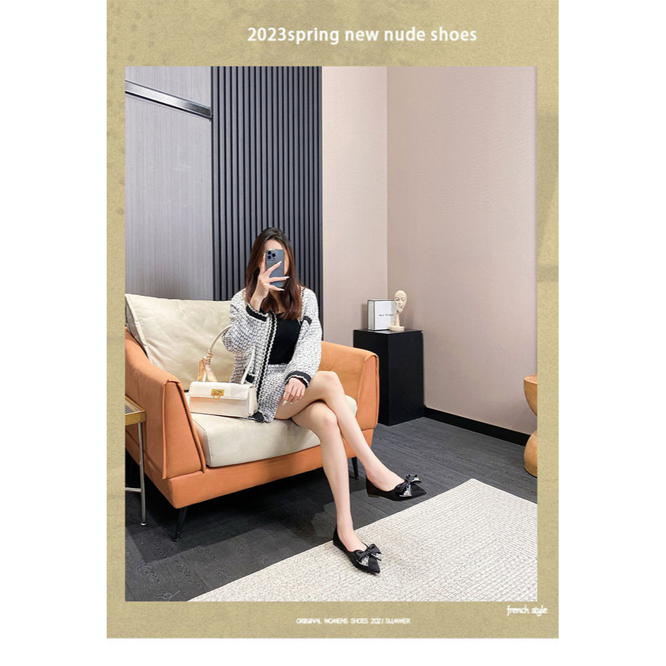 Giày Búp Bê Đế Mềm Mũi Nhọn Đính Đá Trang Trí Thắt Nơ Xinh Xắn Thời Trang Hè 2023 Cho Nữ