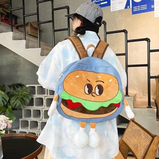 Túi đựng bánh hamburger màu xanh học sinh ba lô công suất lớn học sinh lớp túi vải hoạt hình ba lô dễ thương