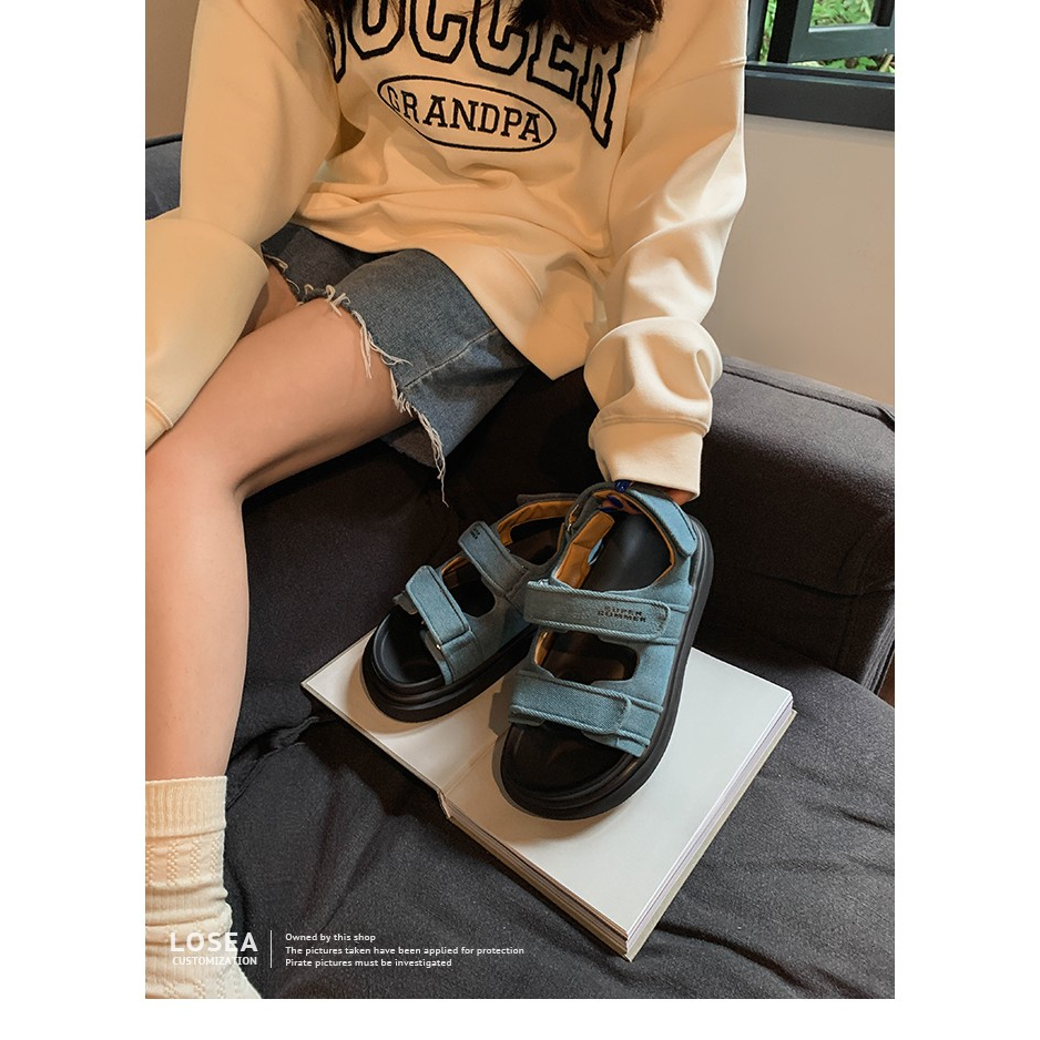 Sandal Denim Quai Dán Dày Dặn Phong Cách Thời Trang Roman 2023 Mới