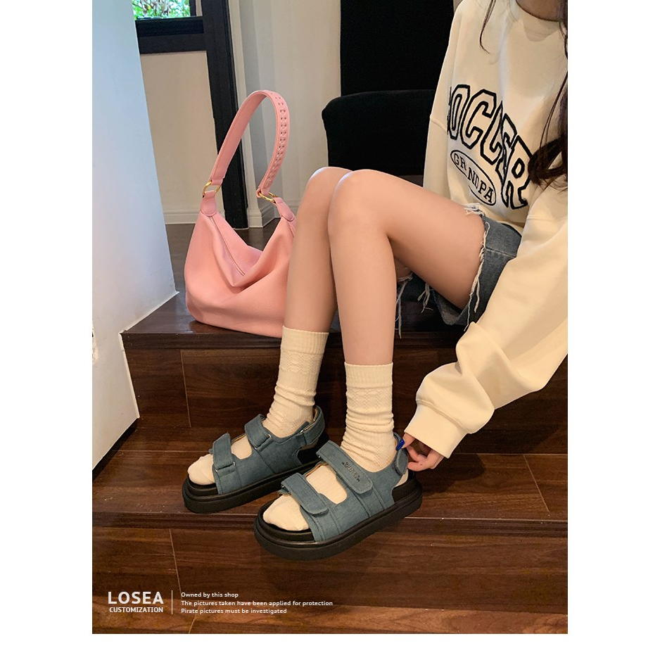 Sandal Denim Quai Dán Dày Dặn Phong Cách Thời Trang Roman 2023 Mới