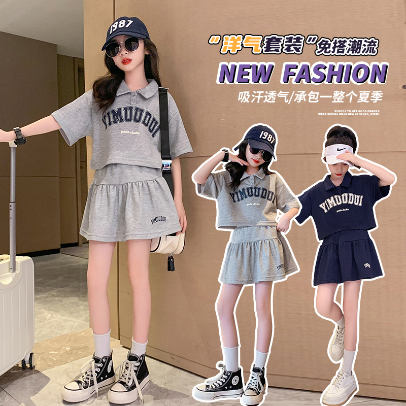 Bộ Áo Thun Tay Ngắn Kèm Chân Váy Xếp Ly Phong Cách Preppy Thời Trang Mùa Hè Xinh Xắn Cho Bé Gái 3-14 Tuổi