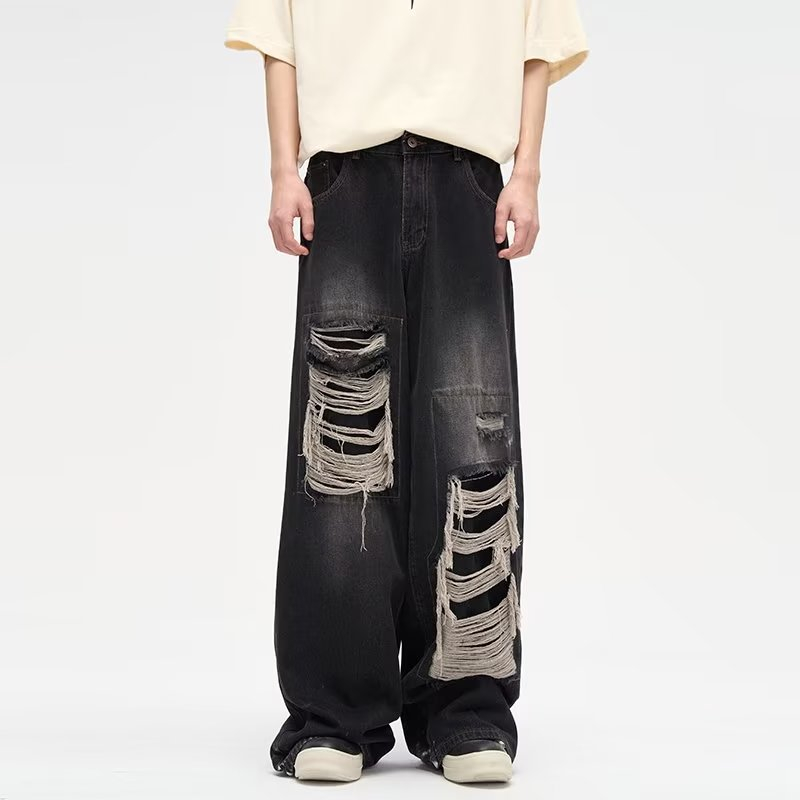 Quần baggy rách from rộng unisex Quần bò rách gối hiphop oversize quần jean nam rách gối thời trang phong cách Hàn Quốc quần jean ống rộng