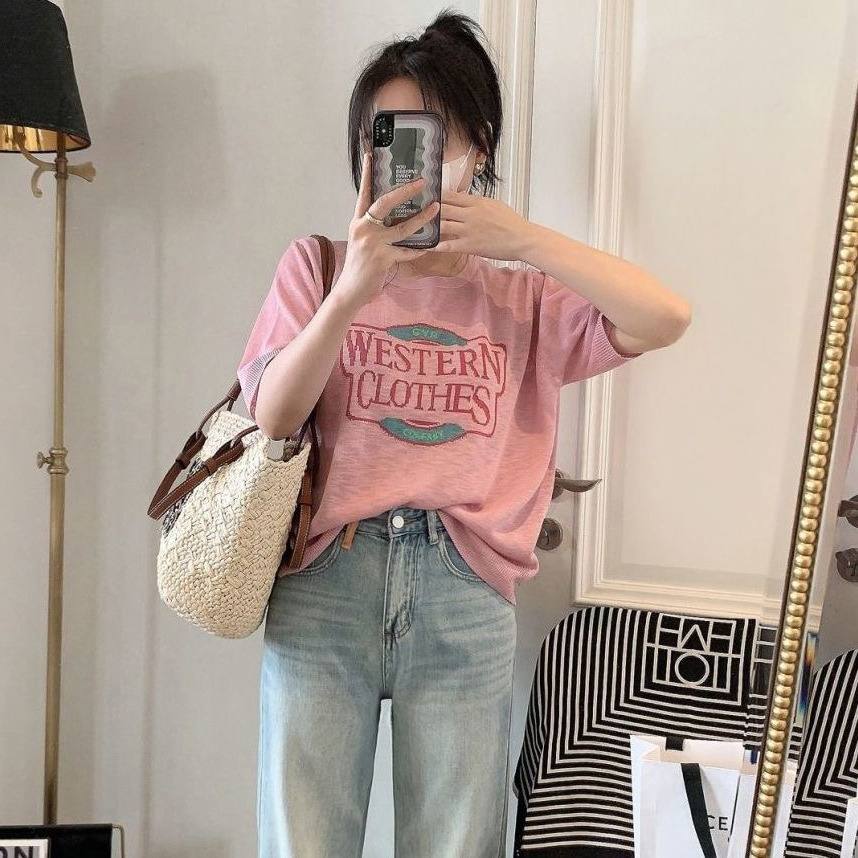 ZHELIHANGFEI Áo Thun Dệt Kim Tay Ngắn Cổ Tròn Thời Trang Hàn Quốc Cho Nữ