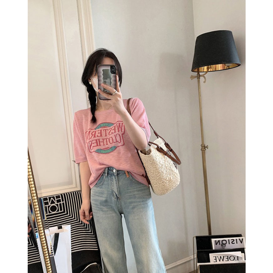 ZHELIHANGFEI Áo Thun Dệt Kim Tay Ngắn Cổ Tròn Thời Trang Hàn Quốc Cho Nữ