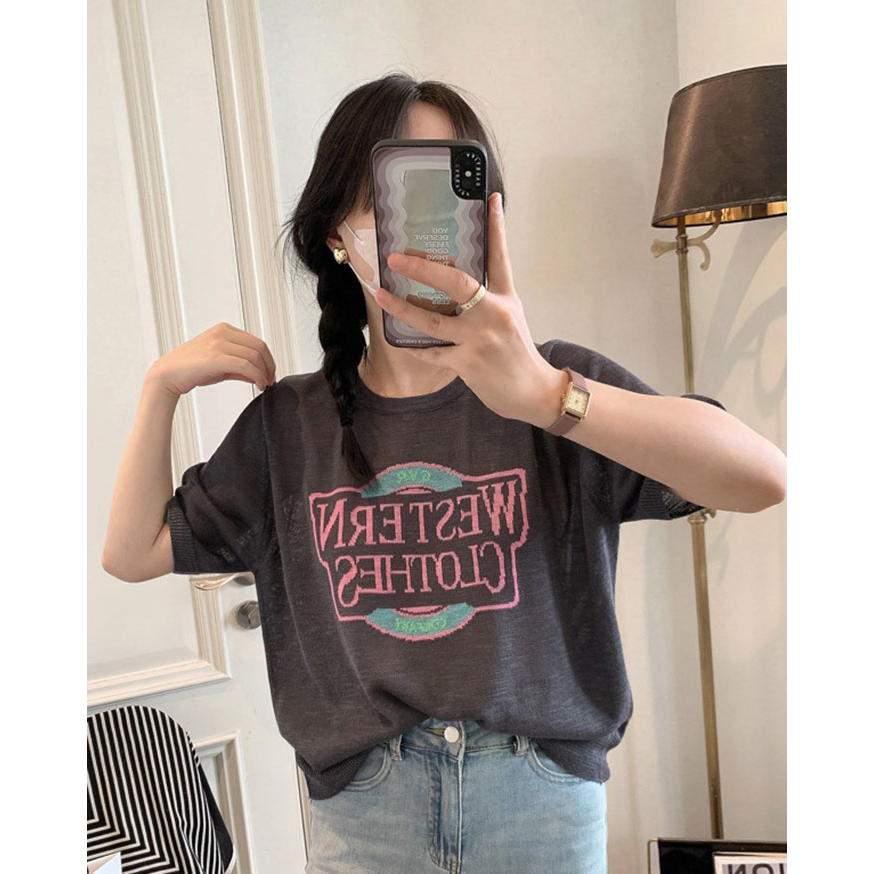 ZHELIHANGFEI Áo Thun Dệt Kim Tay Ngắn Cổ Tròn Thời Trang Hàn Quốc Cho Nữ