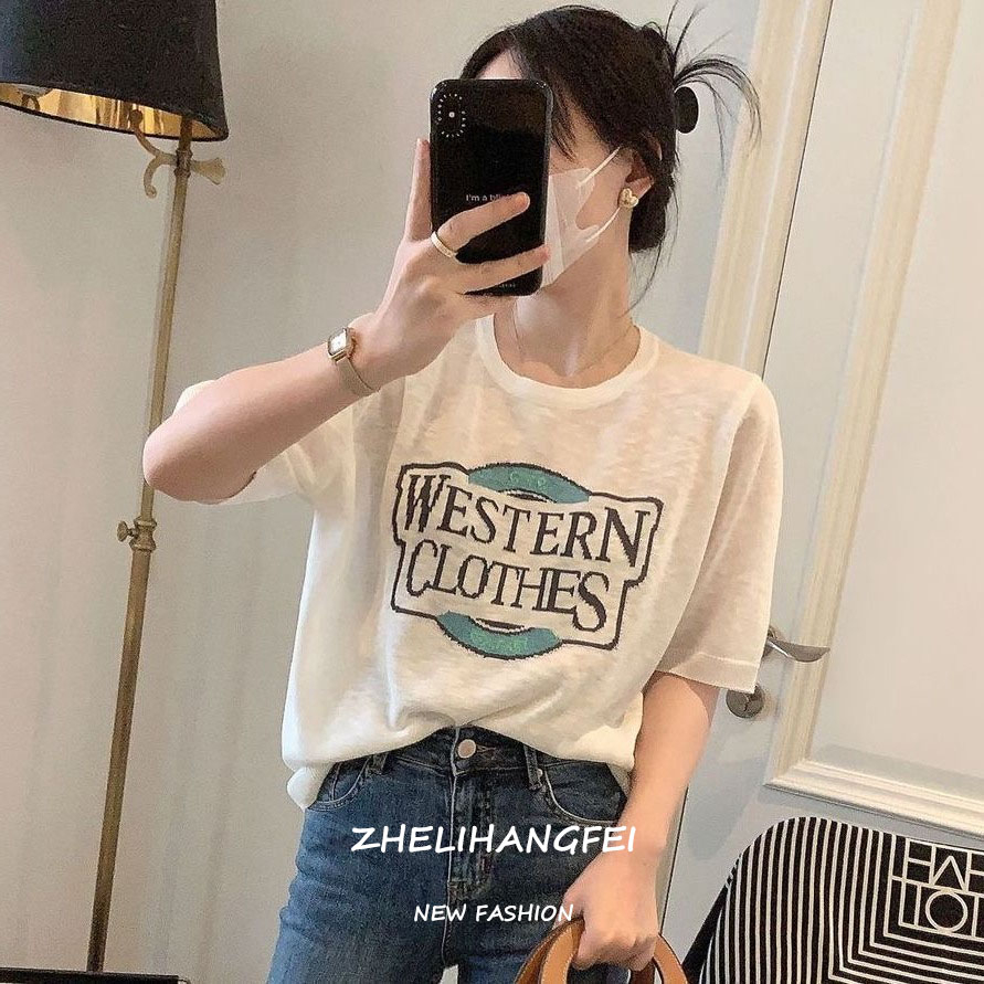 ZHELIHANGFEI Áo Thun Dệt Kim Tay Ngắn Cổ Tròn Thời Trang Hàn Quốc Cho Nữ