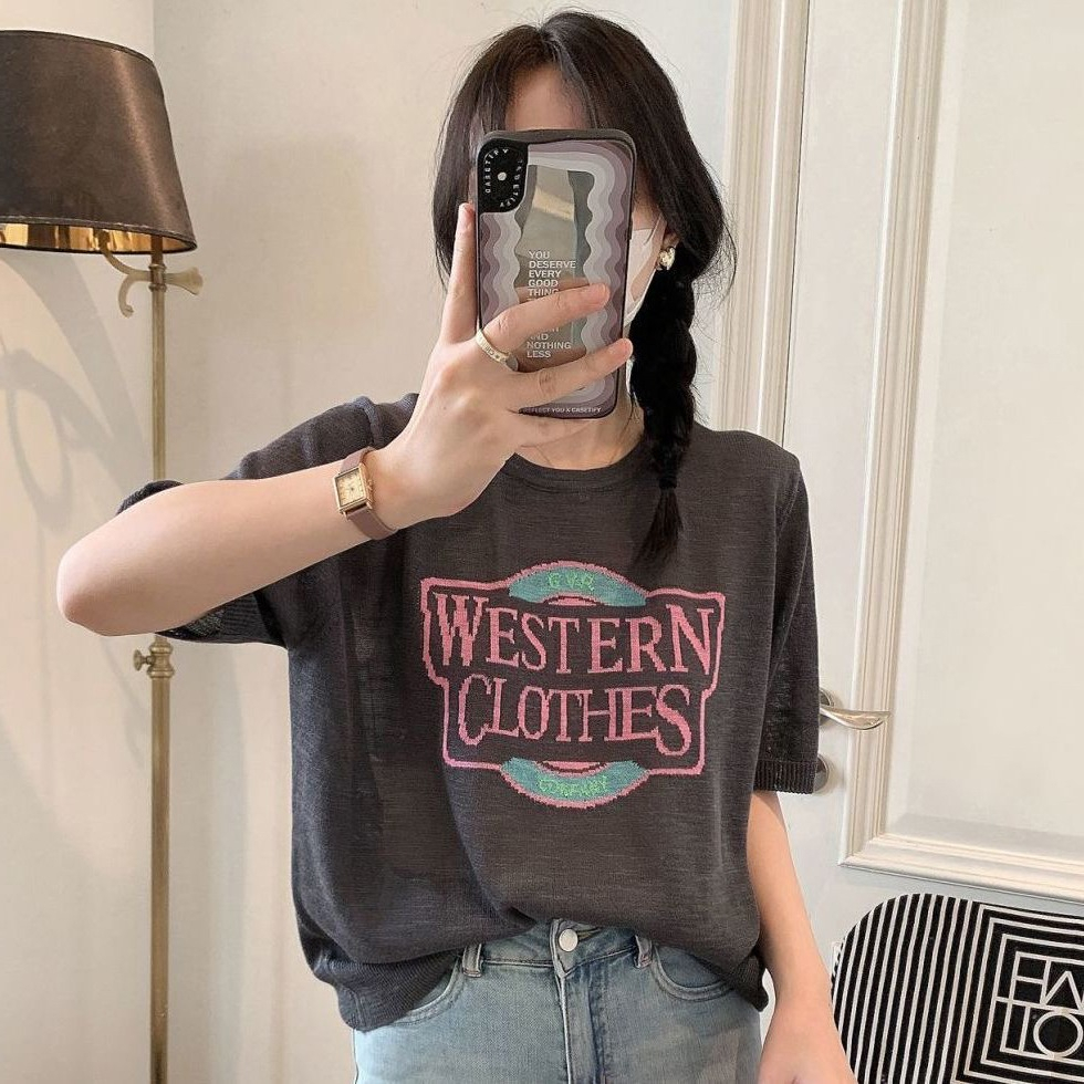 ZHELIHANGFEI Áo Thun Dệt Kim Tay Ngắn Cổ Tròn Thời Trang Hàn Quốc Cho Nữ