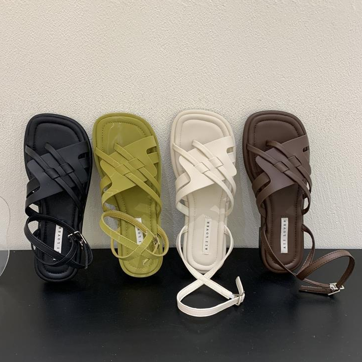 Giày Sandal Đế Bằng Thiết Kế Dây Đan Chéo Phong Cách Roman