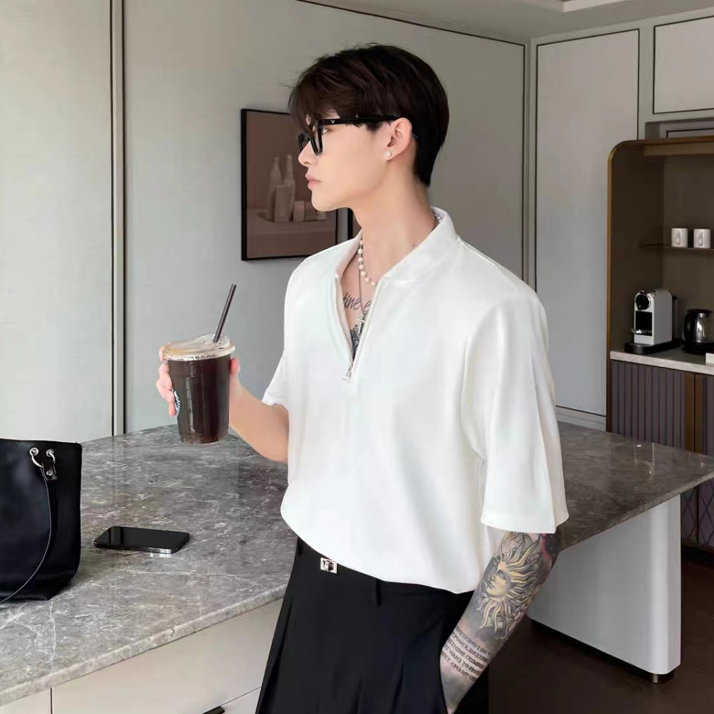 Áo Thun polo Ngắn Tay Dáng Rộng Phối Khóa Kéo Đơn Giản Theo Phong Cách Hongkong Dành Cho Nam