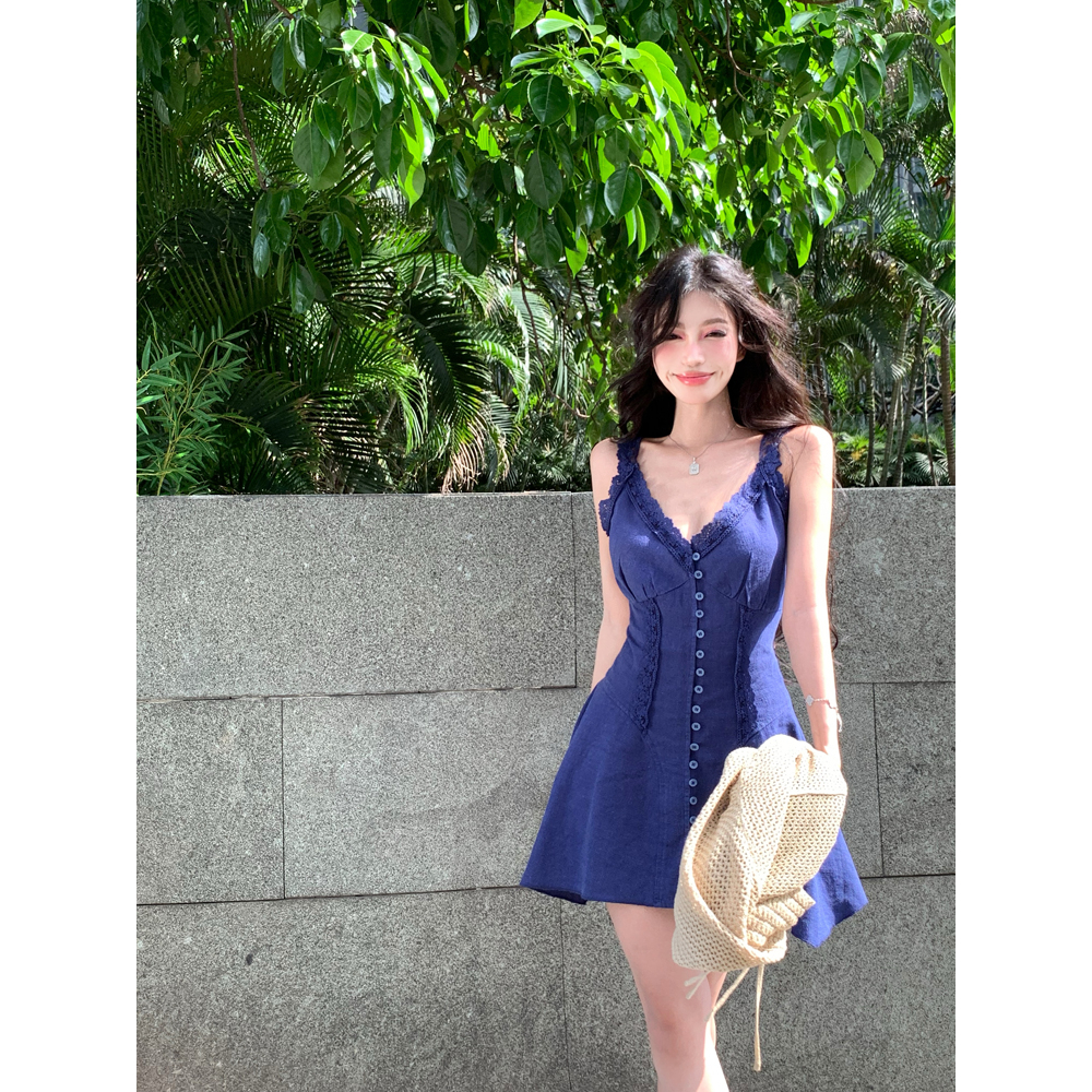 【COLORBLLIND】Set Đầm Hai Dây Dáng Chữ A Phối Ren + Áo Khoác Cardigan Phong Cách Retro