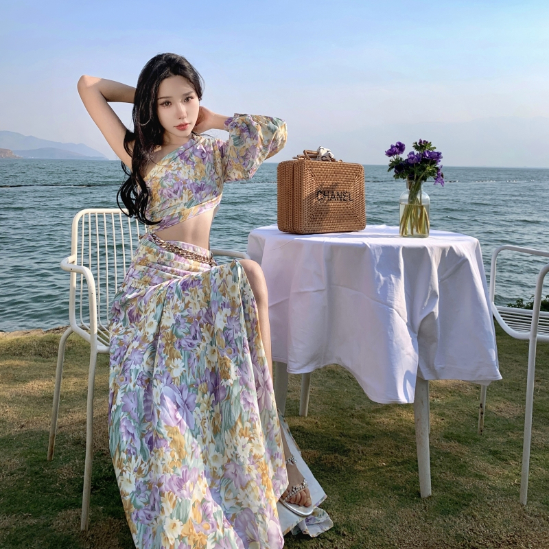 Xéo vai dài tay áo cao váy thắt lưng  5038