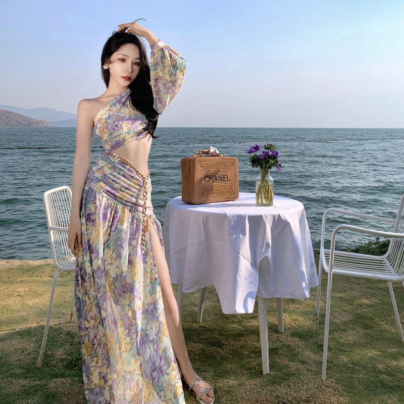 Xéo vai dài tay áo cao váy thắt lưng  5038