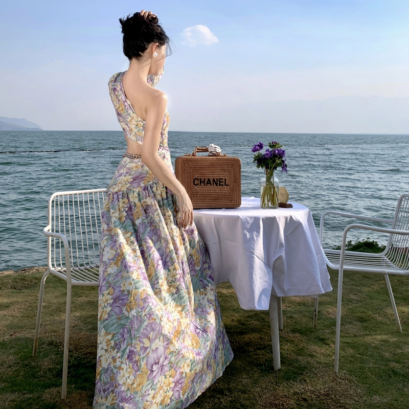 Xéo vai dài tay áo cao váy thắt lưng  5038