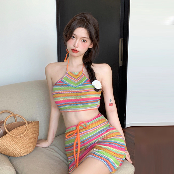 Bộ Đồ Bơi Áo tank top Hai Dây + Chân Váy Dệt Kim Chữ A Lưng Cao Phong Cách bohemian Thời Trang Đi Biển Cho Nữ