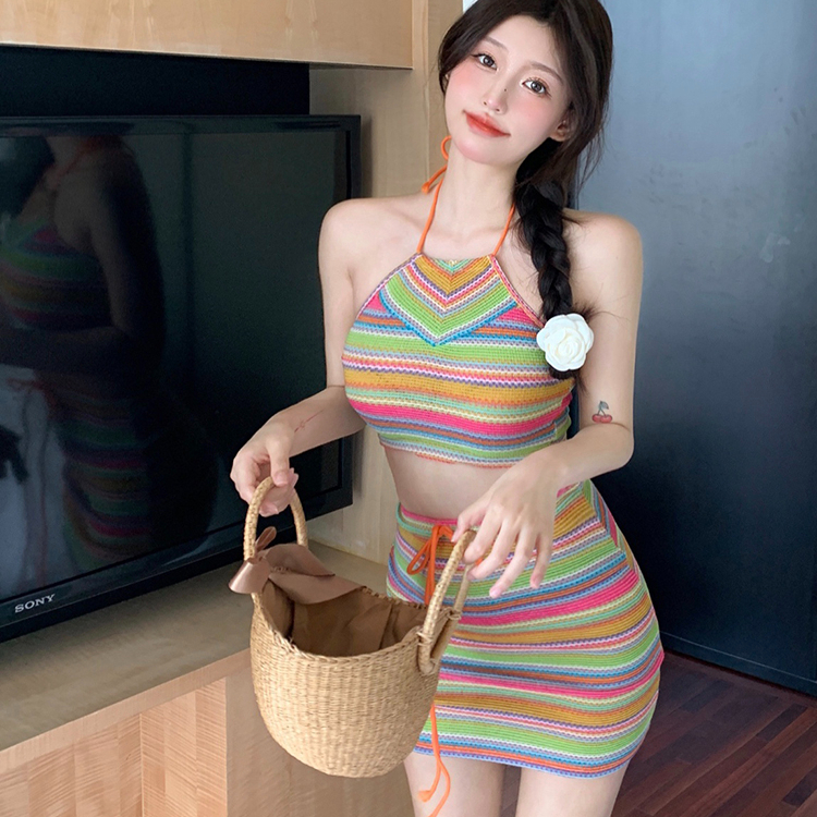 Bộ Đồ Bơi Áo tank top Hai Dây + Chân Váy Dệt Kim Chữ A Lưng Cao Phong Cách bohemian Thời Trang Đi Biển Cho Nữ