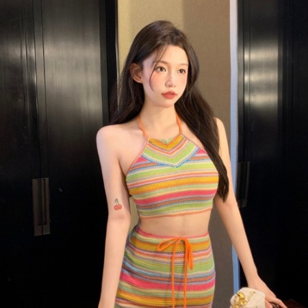 Bộ Đồ Bơi Áo tank top Hai Dây + Chân Váy Dệt Kim Chữ A Lưng Cao Phong Cách bohemian Thời Trang Đi Biển Cho Nữ