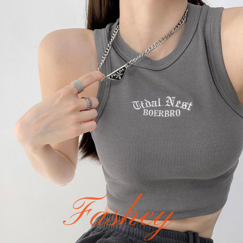 Fashey Áo tank top Ngắn Mỏng Không Tay Thêu Hình Gợi Cảm Mặc Ngoài Trời Mùa Hè Nóng Bỏng Cho Nữ áo croptop