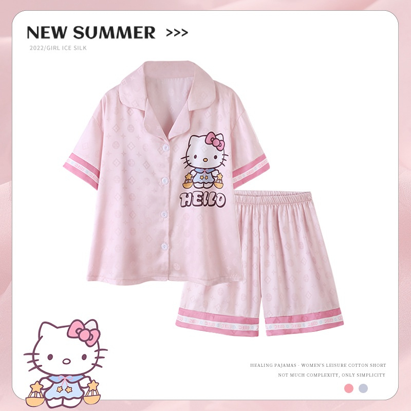 Bộ Đồ Ngủ Bằng Lụa Mát Tay Ngắn In Hình Mèo hello kitty Dành Cho Mẹ Và Bé Gái