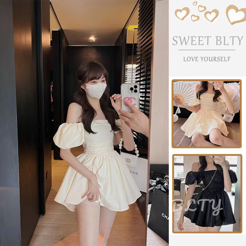 BLTY Ngắn Ôm Eo Tay Phồng Một Bên Vai Màu Đen Cho Nữ