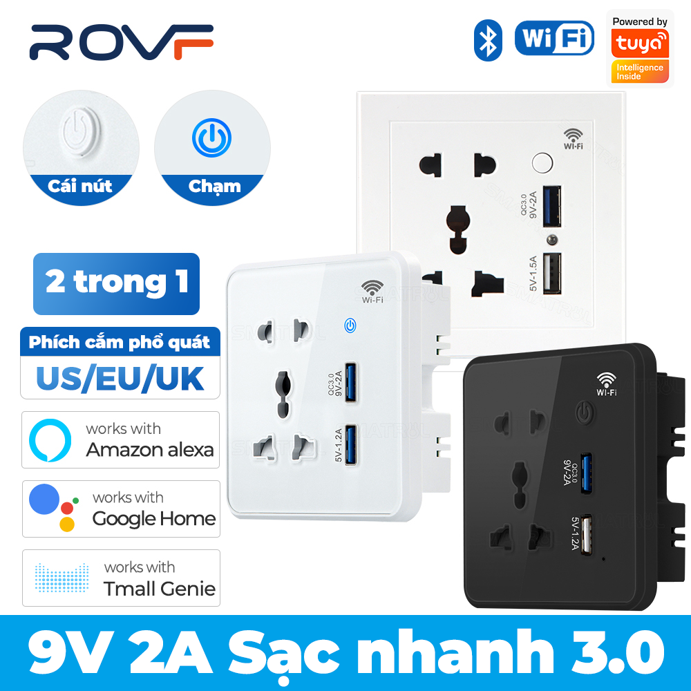 Ổ cắm thông minh wifi ROVF Tuya đa năng sạc nhanh cổng USB 3.0 chuyên dụng