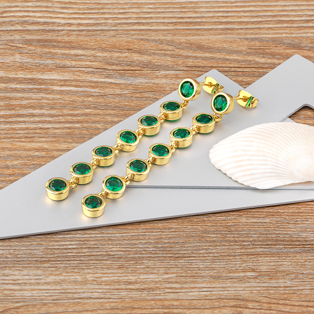 Khuyên Tai Dáng Dài Đính Đá Zircon Trắng / Xanh Lá Sang Trọng Thời Trang Cho Nữ