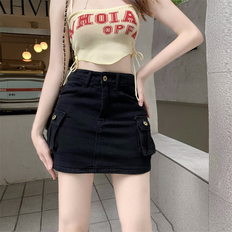 「 WELOVE1 」Chân váy jean Ngắn Lưng Cao Màu Trơn Phối Túi Phong Cách Hàn Quốc Thời Trang Cho Nữ
