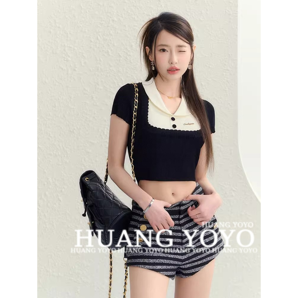 Áo Thun Croptop Dệt Kim Tay Ngắn Cổ Polo Dáng Ôm Thời Trang Mùa Hè Cho Bạn Gái