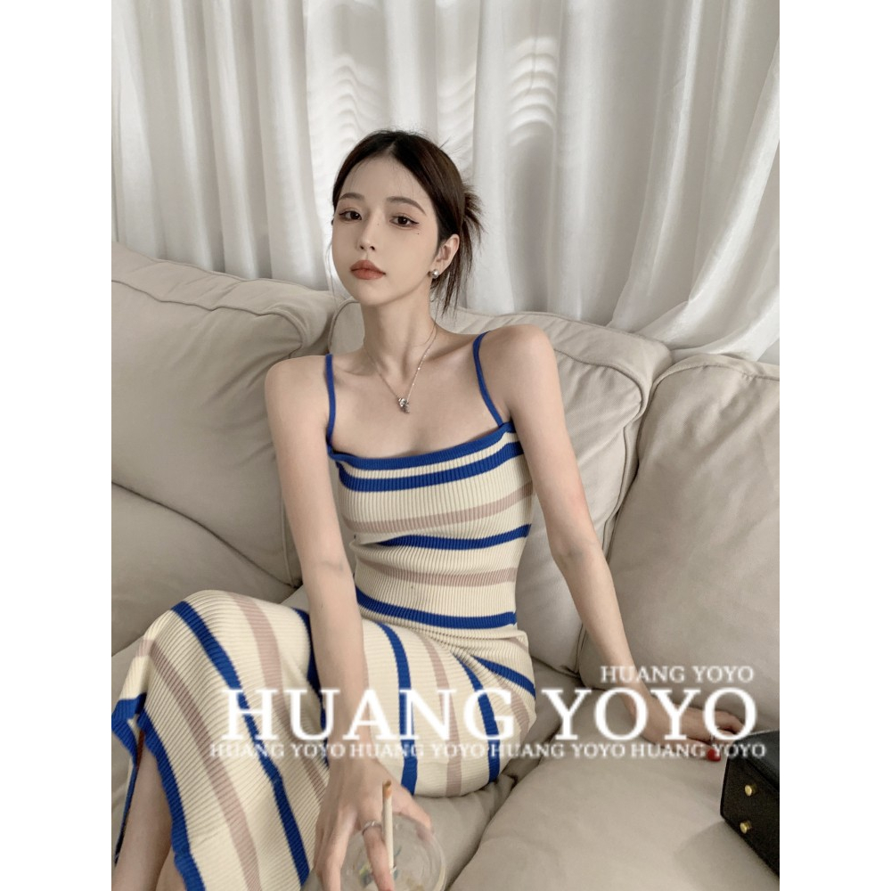 Đầm Midi Hai Dây Dáng Ôm Họa Tiết Kẻ Sọc Thời Trang Mùa Hè Quyến Rũ Cho Nữ