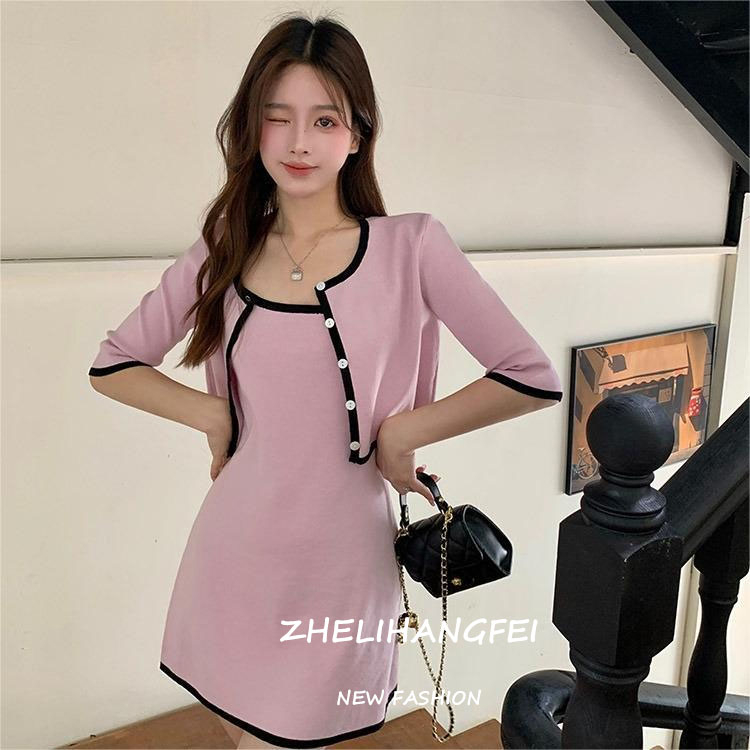 ZHELIHANGFEI Bộ Áo Cardigan Dệt Kim Màu Tím Hồng + Chân Váy Yếm Xinh Xắn Thời Trang Cho Nữ