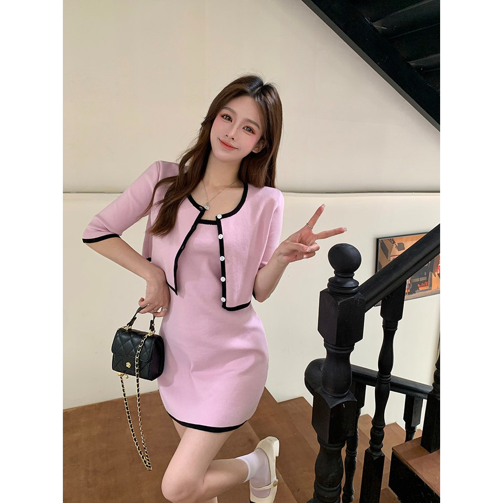 ZHELIHANGFEI Bộ Áo Cardigan Dệt Kim Màu Tím Hồng + Chân Váy Yếm Xinh Xắn Thời Trang Cho Nữ