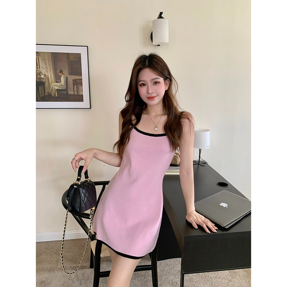 ZHELIHANGFEI Bộ Áo Cardigan Dệt Kim Màu Tím Hồng + Chân Váy Yếm Xinh Xắn Thời Trang Cho Nữ