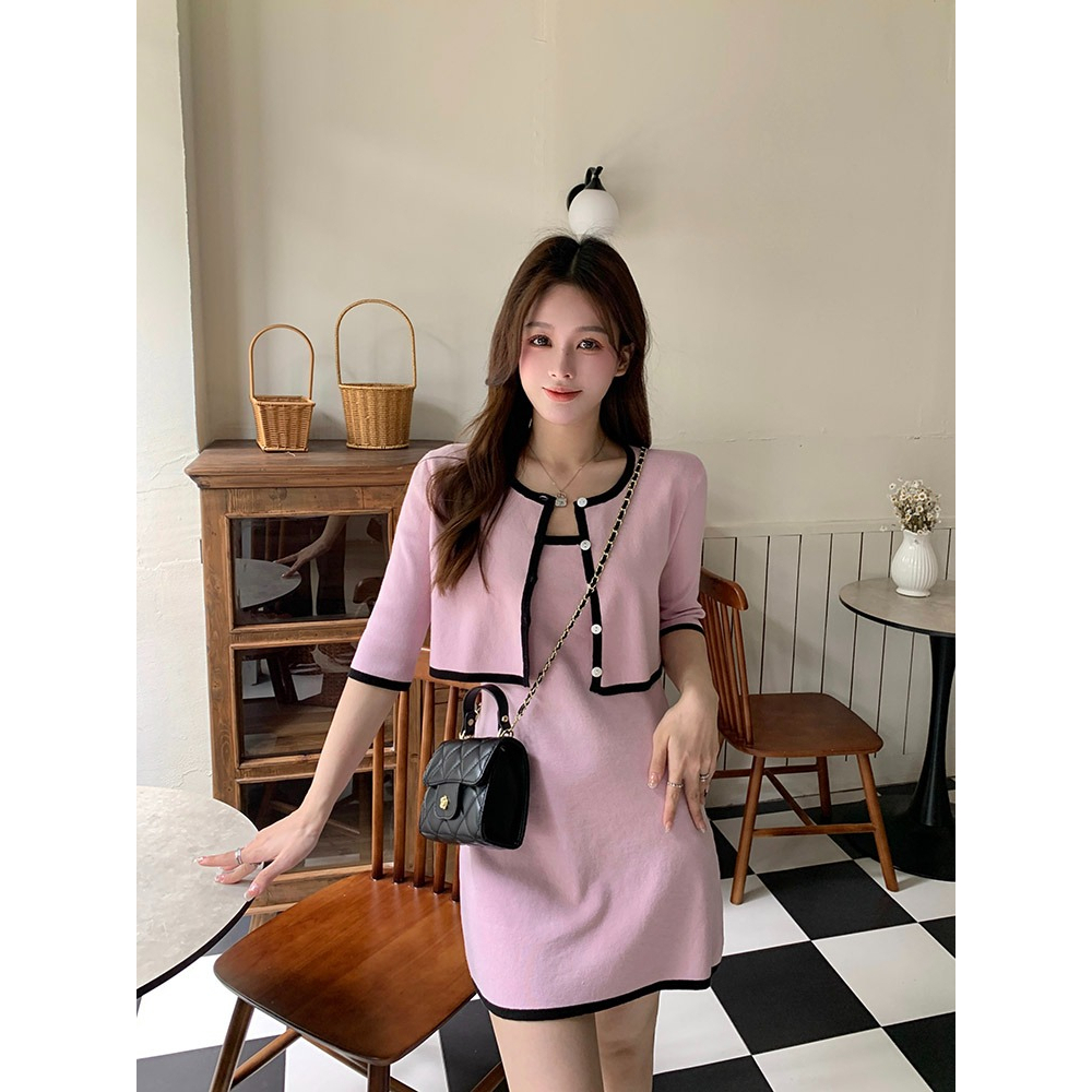 ZHELIHANGFEI Bộ Áo Cardigan Dệt Kim Màu Tím Hồng + Chân Váy Yếm Xinh Xắn Thời Trang Cho Nữ