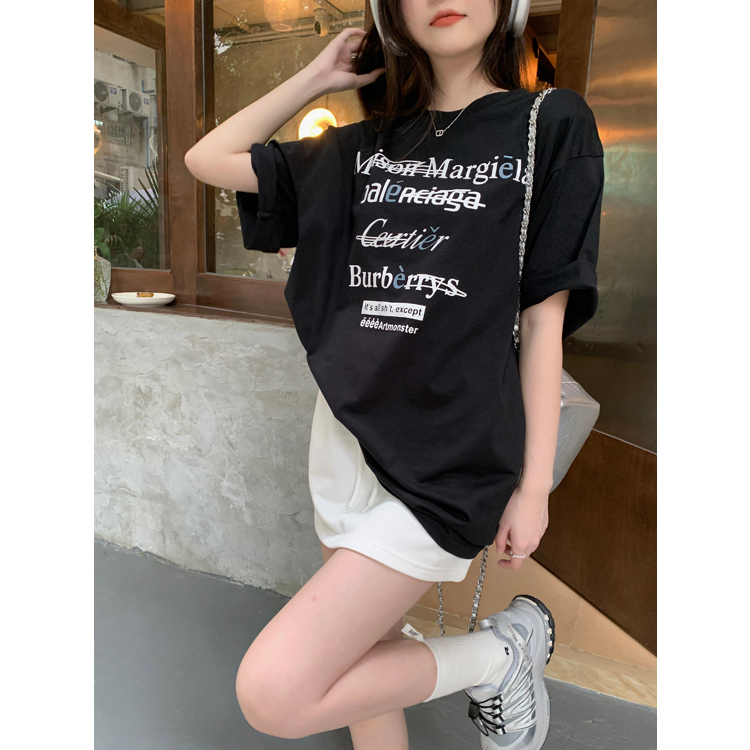 Áo Thun Tay Ngắn Dáng Rộng In Chữ Thiết Kế Khoét Lưng Đơn Giản Sáng Tạo Cho Nữ