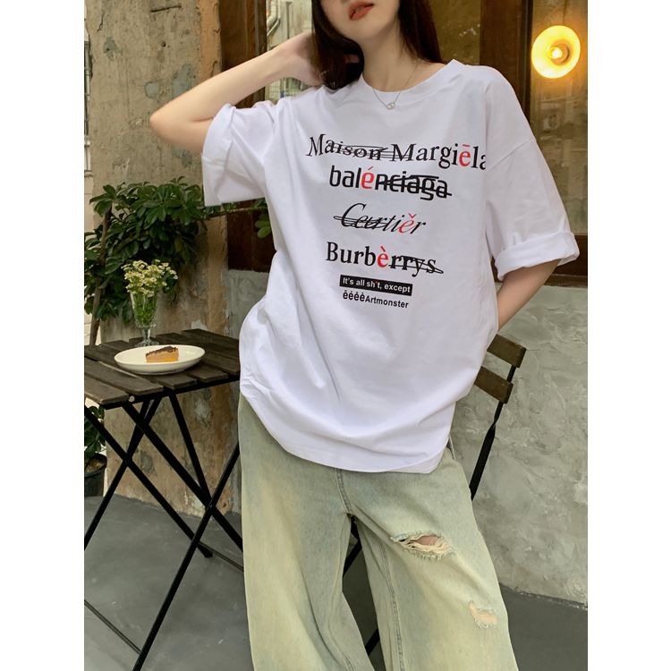 Áo Thun Tay Ngắn Dáng Rộng In Chữ Thiết Kế Khoét Lưng Đơn Giản Sáng Tạo Cho Nữ