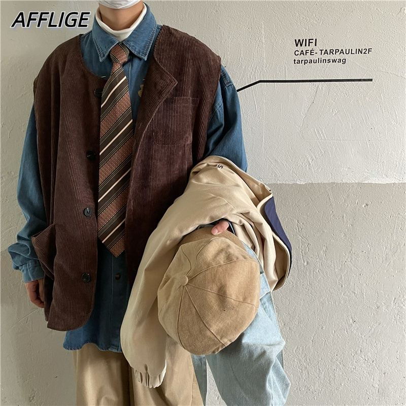 ✦AFFLIGA✦ Áo Khoác Nhung Không Tay Dáng Rộng Màu Trơn Cài Một Hàng Nút Đa Năng Thời Trang Đường Phố Nhật Bản Cho Nam