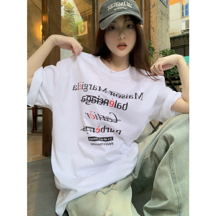 Áo Thun Tay Ngắn Dáng Rộng In Chữ Thiết Kế Khoét Lưng Đơn Giản Sáng Tạo Cho Nữ