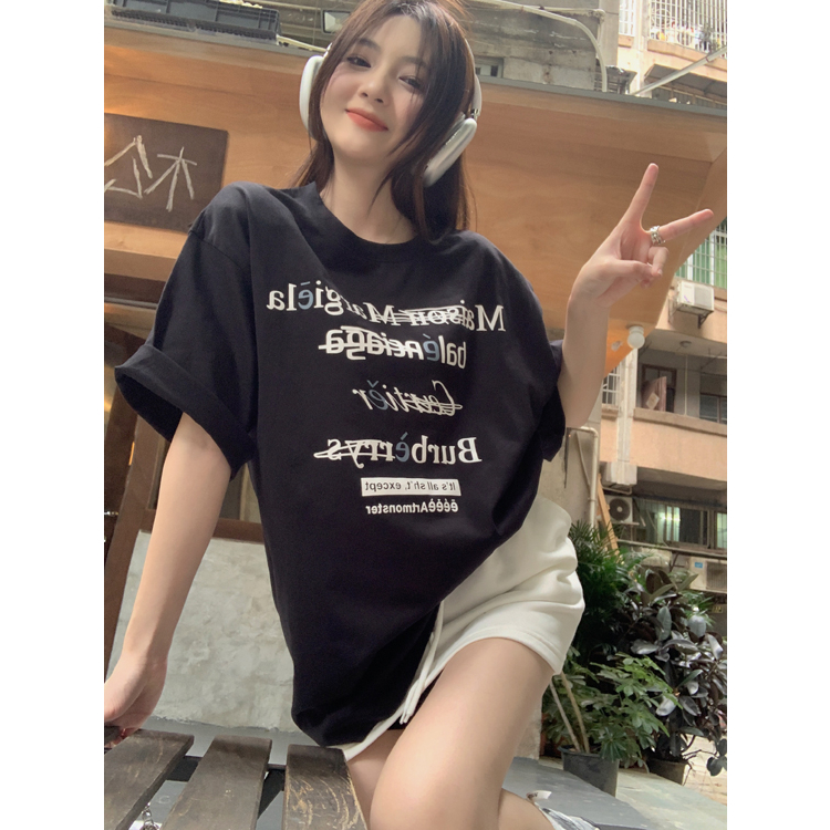 Áo Thun Tay Ngắn Dáng Rộng In Chữ Thiết Kế Khoét Lưng Đơn Giản Sáng Tạo Cho Nữ
