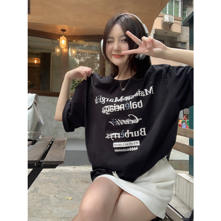 Áo Thun Tay Ngắn Dáng Rộng In Chữ Thiết Kế Khoét Lưng Đơn Giản Sáng Tạo Cho Nữ