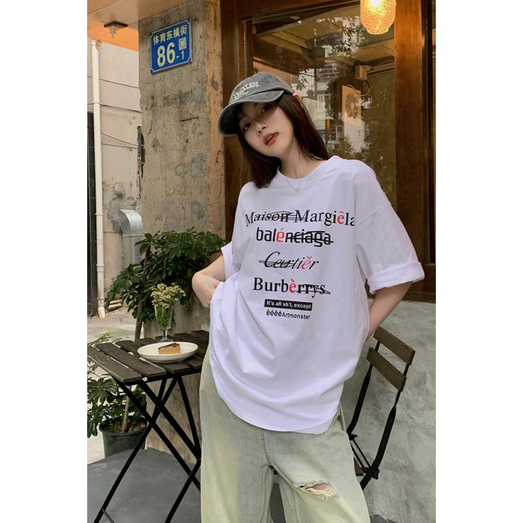 Áo Thun Tay Ngắn Dáng Rộng In Chữ Thiết Kế Khoét Lưng Đơn Giản Sáng Tạo Cho Nữ