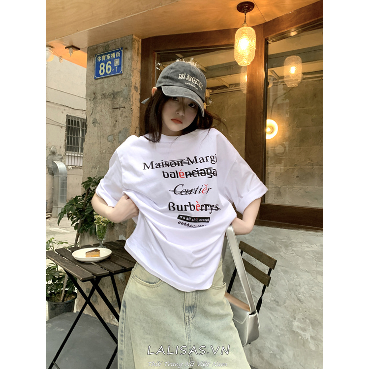 Áo Thun Tay Ngắn Dáng Rộng In Chữ Thiết Kế Khoét Lưng Đơn Giản Sáng Tạo Cho Nữ