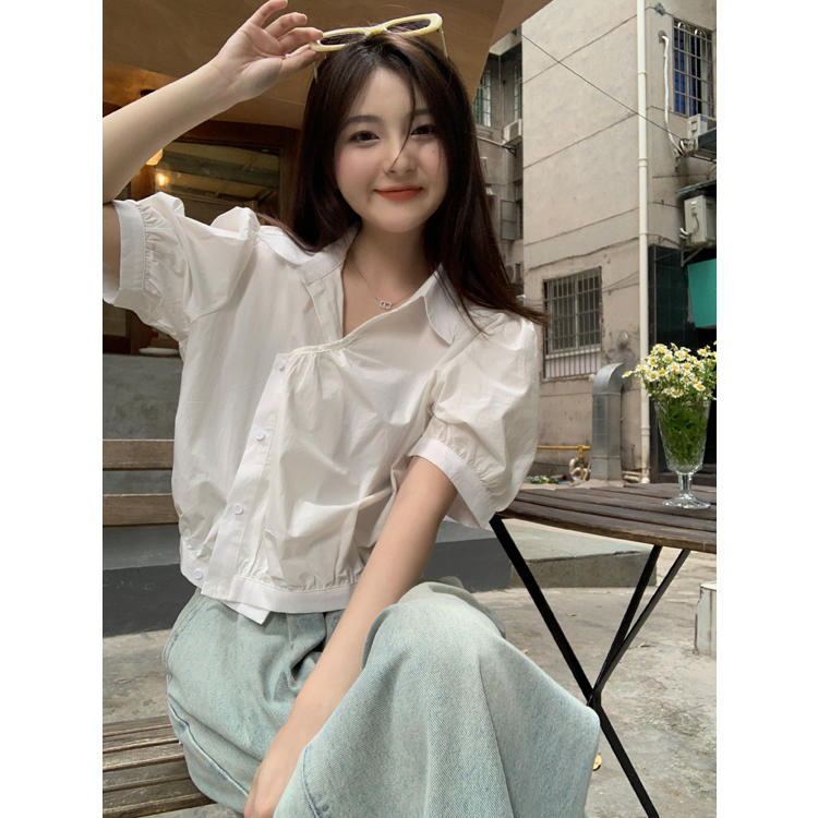 Lalisas Áo Sơ Mi Tay Ngắn Phồng Dáng Rộng Màu Trắng Cài Nút Góc Cảm Giác Thiết Kế Đơn Giản Cho Nữ