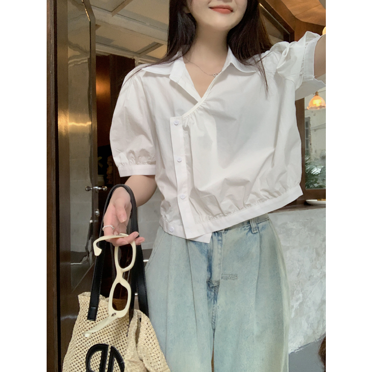 Lalisas Áo Sơ Mi Tay Ngắn Phồng Dáng Rộng Màu Trắng Cài Nút Góc Cảm Giác Thiết Kế Đơn Giản Cho Nữ