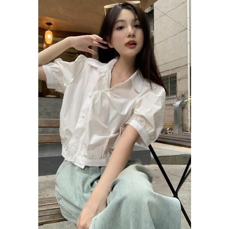 Lalisas Áo Sơ Mi Tay Ngắn Phồng Dáng Rộng Màu Trắng Cài Nút Góc Cảm Giác Thiết Kế Đơn Giản Cho Nữ