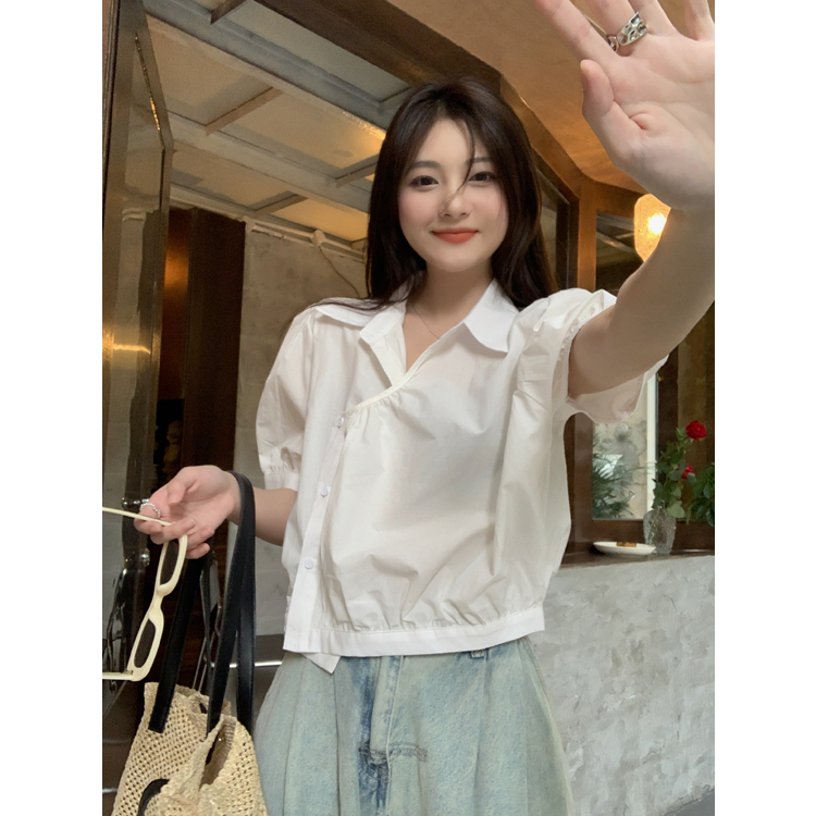 Lalisas Áo Sơ Mi Tay Ngắn Phồng Dáng Rộng Màu Trắng Cài Nút Góc Cảm Giác Thiết Kế Đơn Giản Cho Nữ