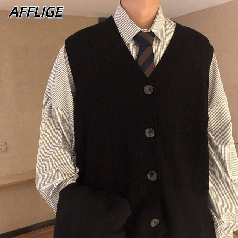✦ AFFLIGE ✦Áo khoác len cardigan không tay cổ chữ V đơn giản thời trang thanh lịch dành cho nam