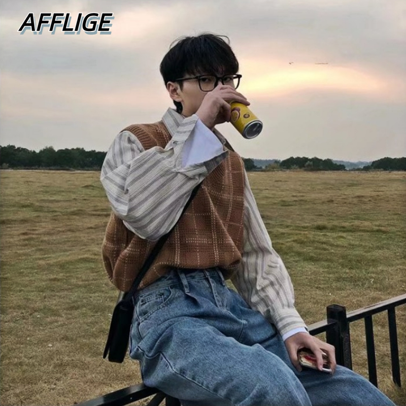 ✦ AFFLIGE ✦Áo len không tay cổ chữ V họa tiết kẻ sọc thời trang thu đông dành cho nam