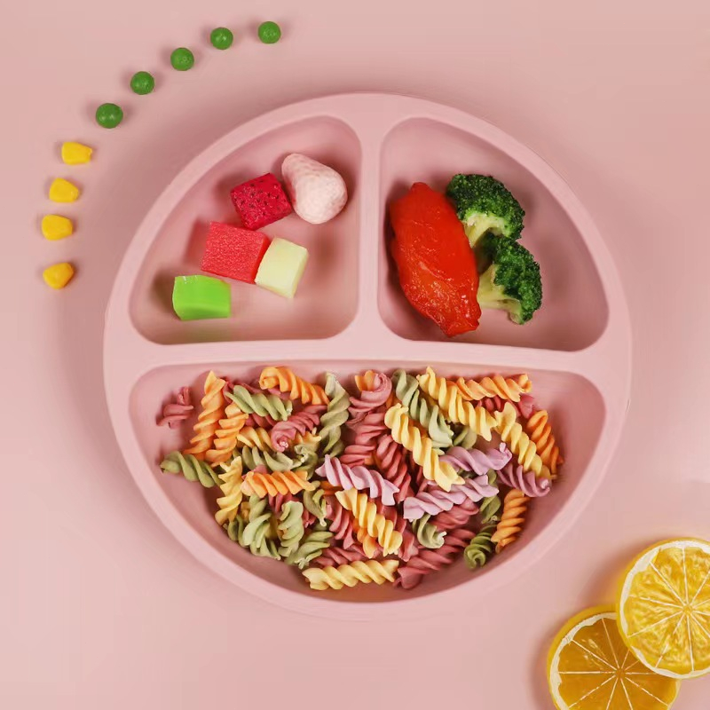 Khuôn mặt tươi cười Silicone trượt cơ sở, 3 ngăn cho trẻ sơ sinh và trẻ nhỏ ăn khay，Bộ Đĩa Muỗng Nĩa Silicone Cao Cấp Cho Bé